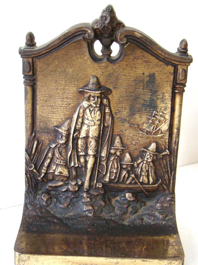 A rare pair of Bradley & Hubbard bookends circa 1920 commemorating the Landing of the Pilgrims at Plymouth in 1620. — image 2